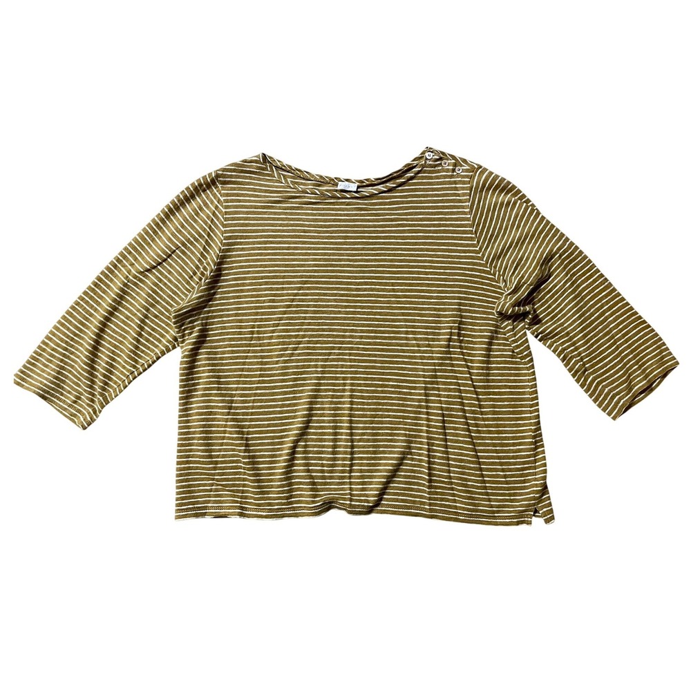 Poetry Linen Relaxed Fit Tee Sz 14 Brown White Stripes Scoop Neck 1/2 Sleeve